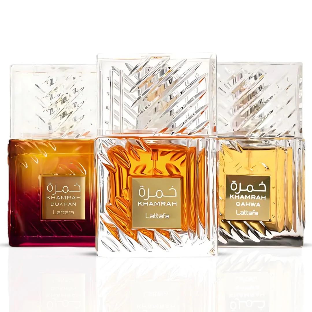 Lattafa Khamrah, Khamrah Qahwa & Khamrah Dukhan Eau De Parfum Sprays 100ML (3.4 OZ) - Unisex Long Lasting Fragrance - 3 Pack Gift Set - Premium Middle