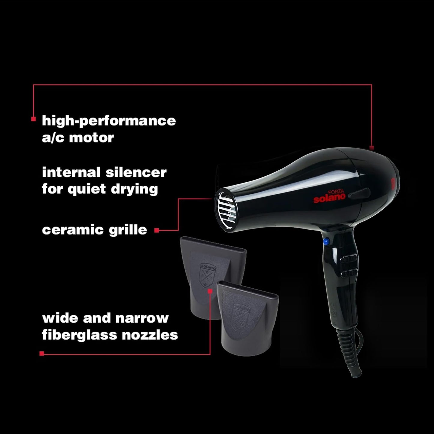 Solano Forza Ultra-Fast Ionic Far Infrared Hair Dryer | Eliminate Frizz + Enhances Volume | 1875 Watt + Tourmaline + Internal Silencer | Italian-Made