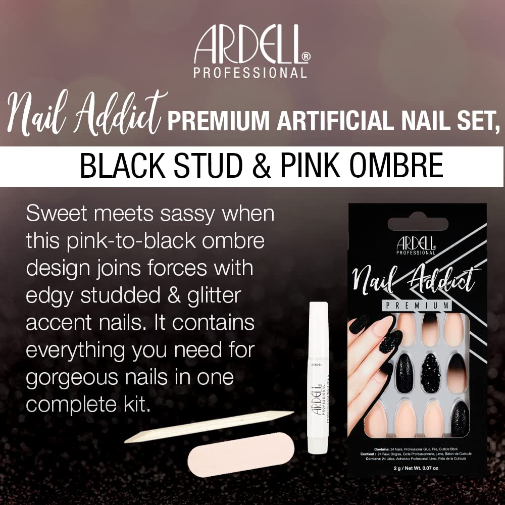Ardell Nail Addict Premium Press On Nails - 24 False Nails Black Stud & Pink Ombre Jeweled and Matte, Reusable Artificial Acrylic Nail Kit for Diy Beauty & Personal Care Ardell