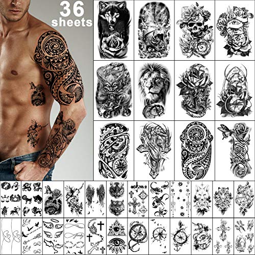 Yazhiji 36 Sheets Temporary Tattoos Stickers, 12 Sheets Fake Body Arm Chest Shoulder Tattoos for Men or Women with 24 PCS Tiny Black Tattoos Beauty and Personal Care Yazhiji Default Title