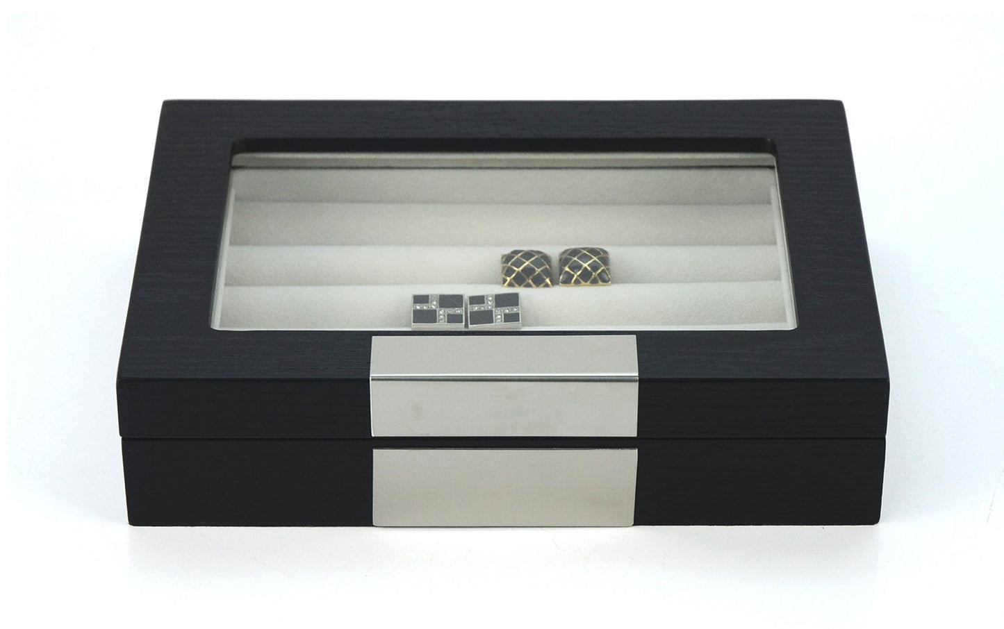 TIMELYBUYS Black Ebony Wood Cufflink Case & Ring Storage Organizer with Stainless Steel Engravable Design Accent Men's Jewelry Box for 20 Cufflinks