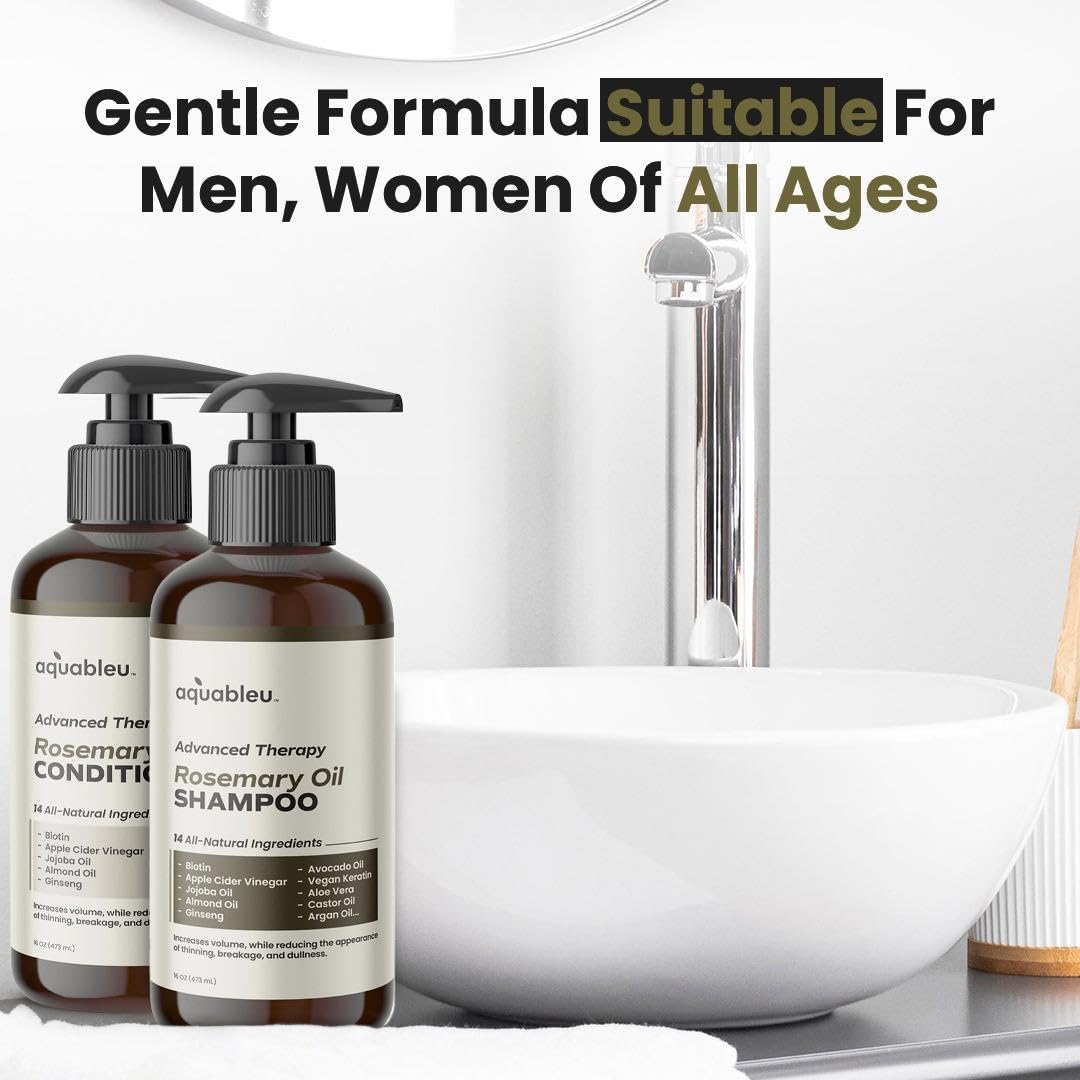 Aquableu Advanced Therapy Anti-Thinning Rosemary Oil Shampoo & Conditioner Set - Infused with 14 All-Natural Ingredients for Volume, Strength
