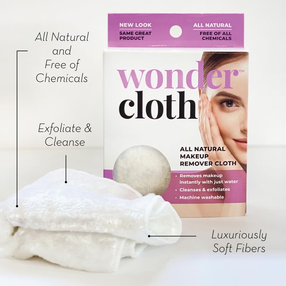 Wonder Cloth (Pack of 2) - All Natural Make-Up Remover Cloth, Removes Makeup Instantly with Just Water, Cleanses and Exfoliates, Machine Washable