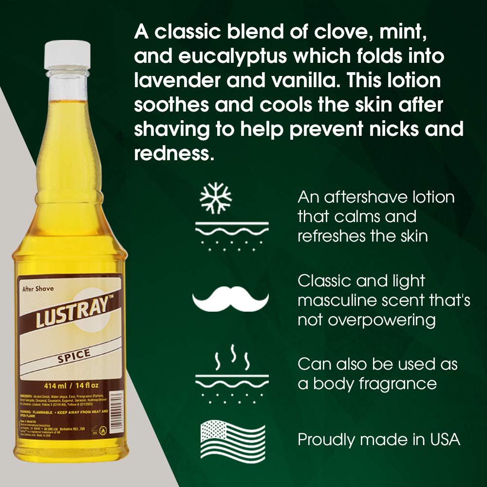 Clubman Lustray Spice After Shave Lotion - Refreshing & Soothing After Shave Lotion for Men, Long-Lasting Scent, Ideal for Sensitive Skin, 14 oz