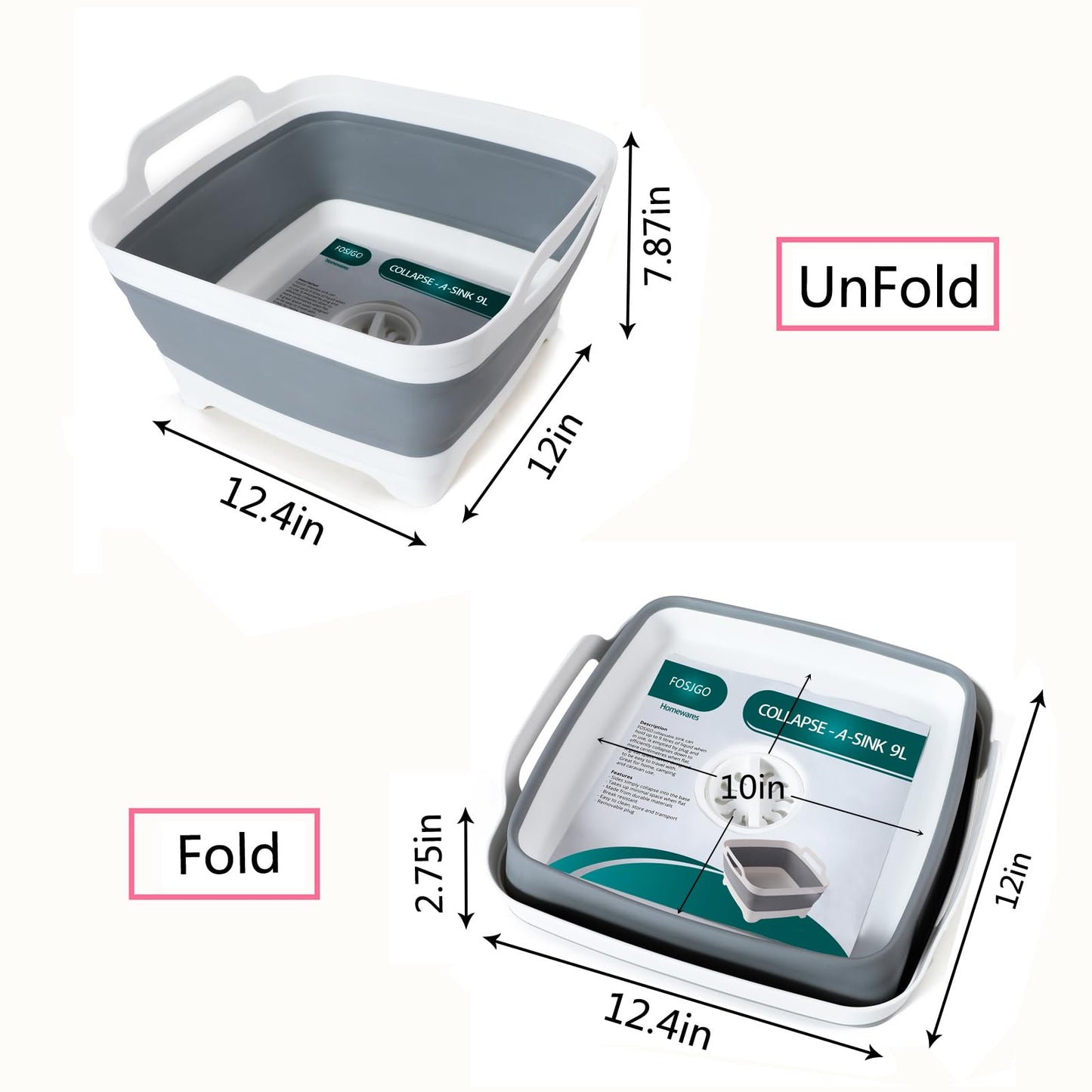 FOSJGO 2.4 Gal Collapsible Dish Basin with Drain Plug – Space-Saving Foldable Sink Tub for Camping, Dishwashing, Veggies & Beverages