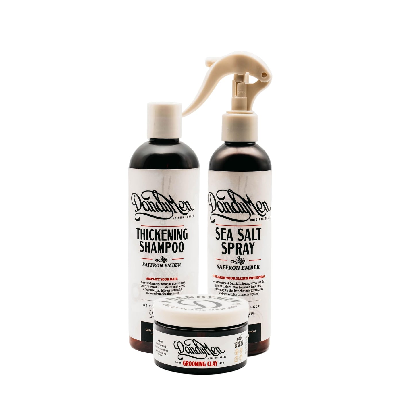 DandyMen Full Volume Hair Set for Men - Thickening Shampoo, Sea Salt Spray & Grooming Clay - 3-Step Styling Kit for Volume, Texture & Hold (Saffron