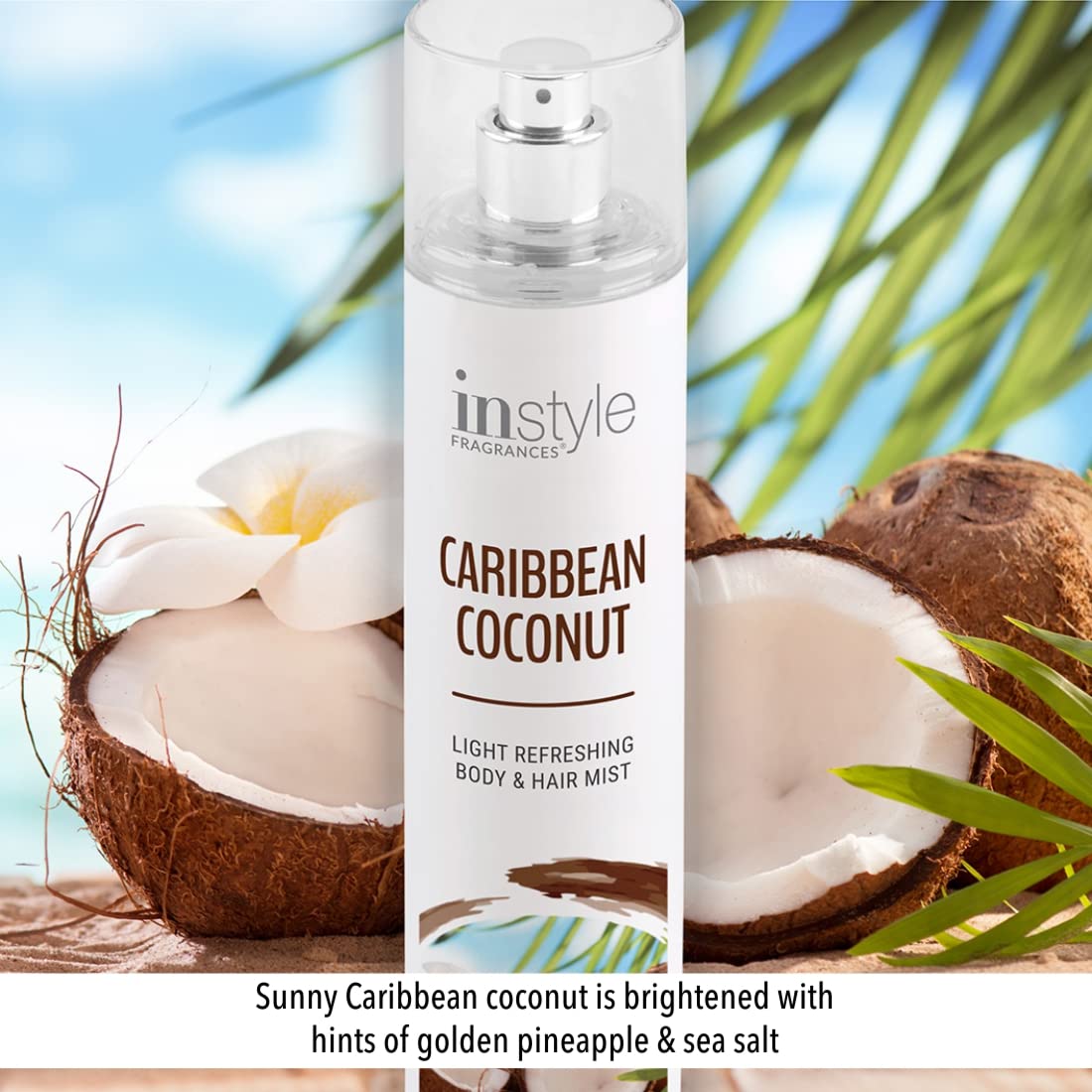 Instyle Fragrances Light Refreshing Body & Hair Mist, Caribbean Coconut, Premium Women’s Body Spray, Infused with Panthenol, CLEAN, Vegan
