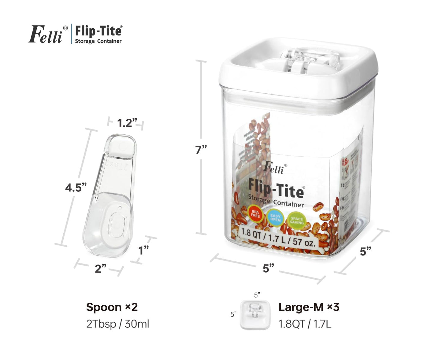 Felli Flip Tite Storage Container with Built-In Spoon & Airtight Lid 5” Large-M Ring Flip Top, Stackable Acrylic Canister for Rice Sugar Flour…