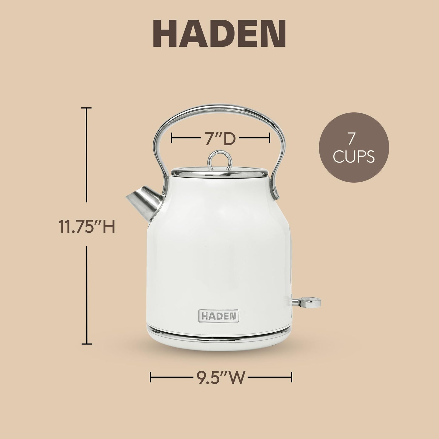 Haden Heritage 1.7 Liter Stainless Steel Electric Kettle, Hot Water Kettle with 360-Degree Base and Auto Shutoff, Ivory & Chrome