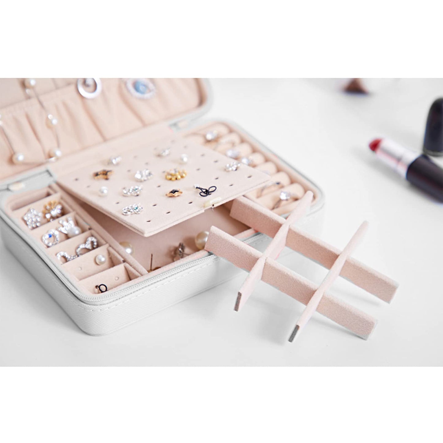 LETLIT Travel Jewelry Organizer, Small Jewelry Box for Women, Double-Layer Necklace Ring Earrings Holder Case (White 2)