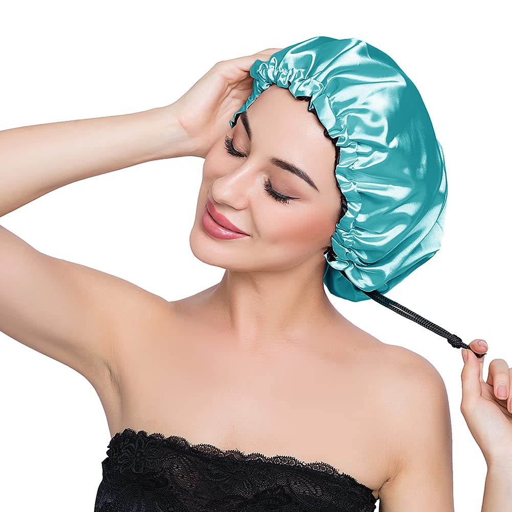 ELIHAIR Stain Bonnet Silky Sleep Cap Adjustable Satin Cap for Night Sleeping Hair Bonnet Reversible Double Layer Peacock Blue/Black