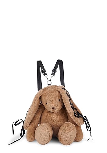 Dolls Kill Cuddly Bunny Plush Backpack by Current Mood - Brown, Faux Fur Backpack with Lace-Up Ribbon Ears, One Size
