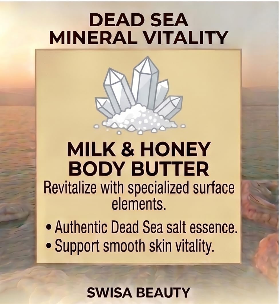 Swisa Beauty Dead Sea Body Butter, Milk and Honey - Thick & Creamy Daily Moisturizer with Shea Butter, Aloe & Squalane, 8 oz