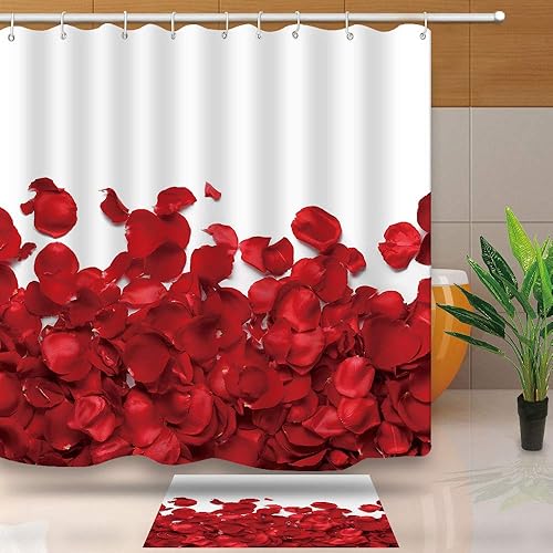 NTETSN Rose Decor Shower Curtain,Romantic Petals Waterproof Polyester Shower Curtains for Bathroom Accessories, 72 x 72 Inch,White,Red