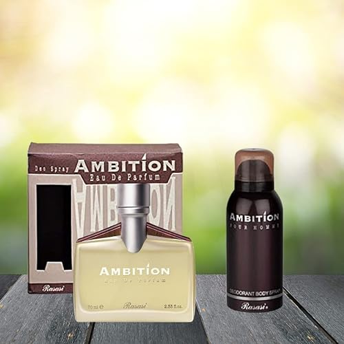 RASASI Ambition Ambition Men EDP & Deo Perfume 70ml + Deodorant 150ml | Bergamot, Floral Spices, Musk and Amber | Iris, Peony, Rose, Cassis, Freesia