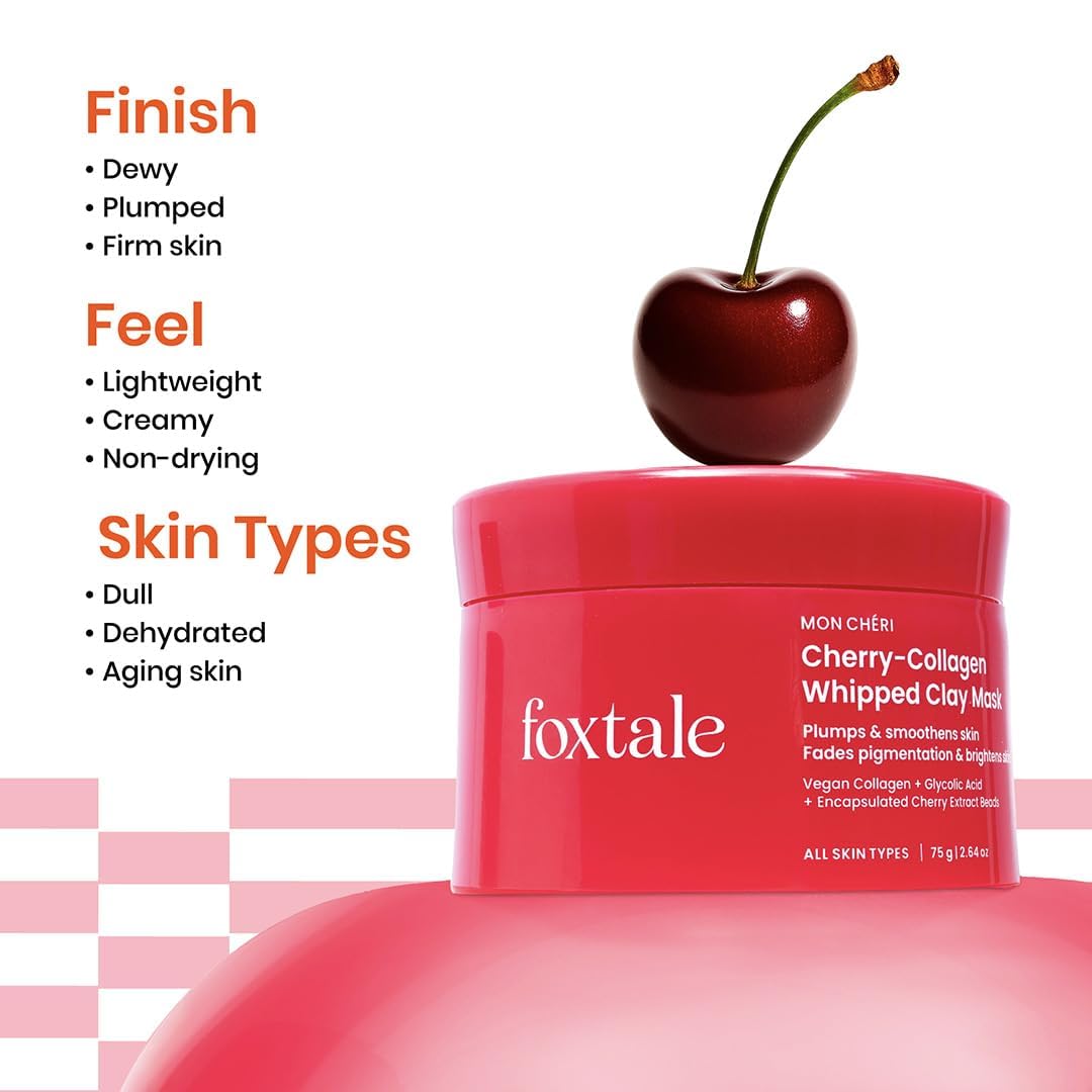 FoxTale Cherry-Collagen Whipped Clay Mask | Vegan Collagen + Glycolic Acid + PHA + Cherry Beads | Hydrates, Plumps & Firms Skin | Detoxifies Pores