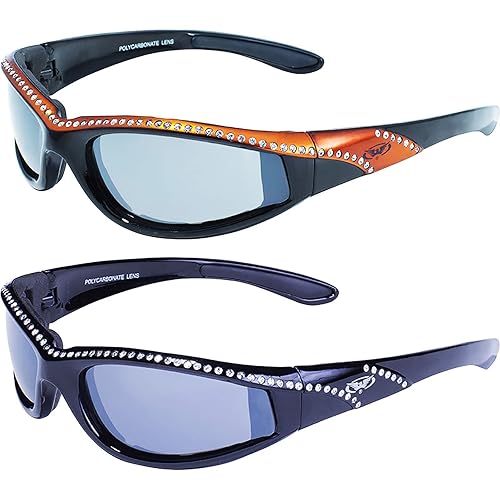 2 Pairs of Global Vision Eyewear Marilyn 11 Women's Bling Black Motorcycle Sunglasses Black + Orange Stripe Frames Flash Mirror Lenses