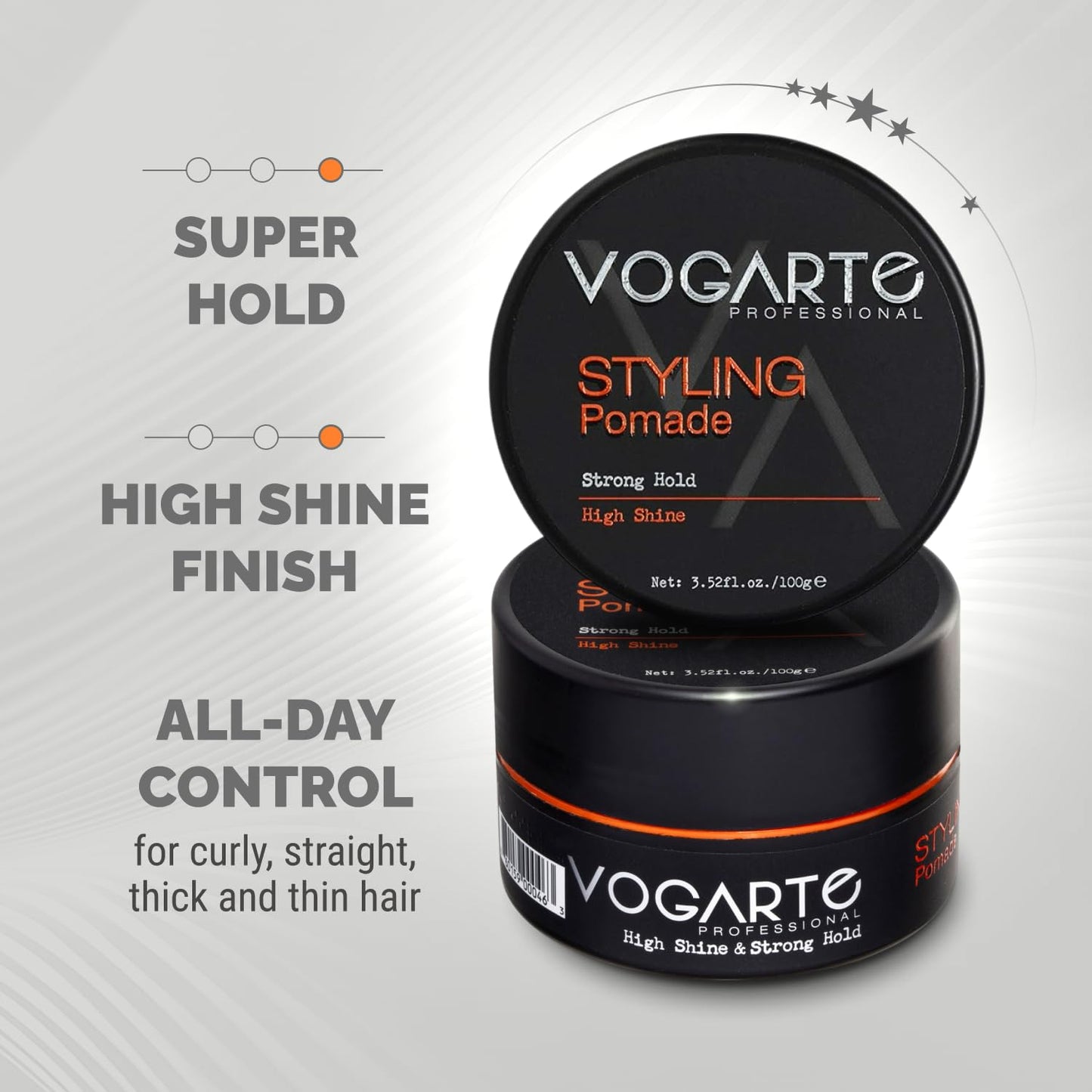 Vogarte Hair Styling Pomade for Men, Strong Hold with Medium Shine, Water-Based Hair Wax, Classic Gentleman Grooming Product, Flexible All-Day Hold