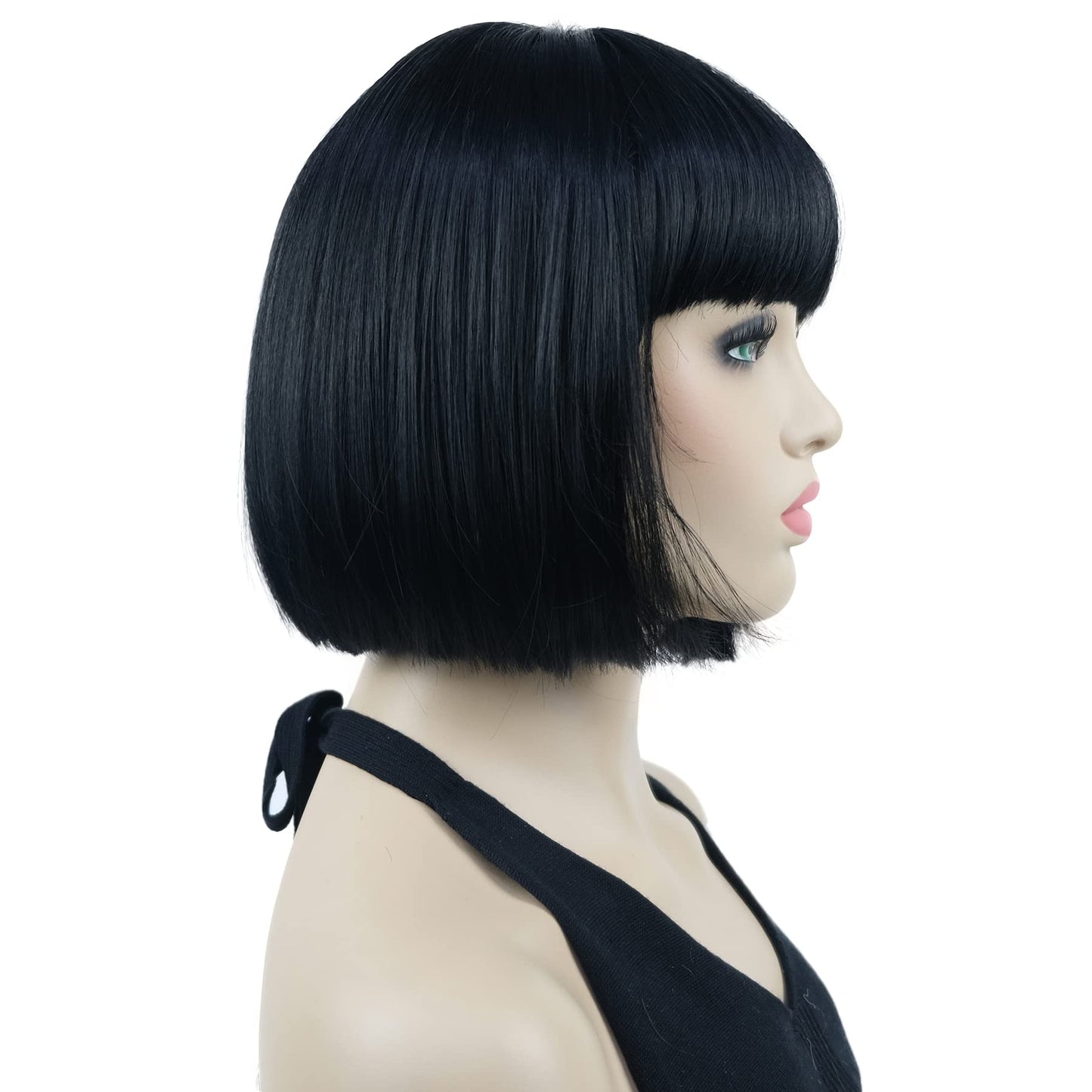 Lydell 8" Straight Short Bob Hair Flat Bangs Cute Central Dot Skin Top Heat Resistant Synthetic Wigs (Black)