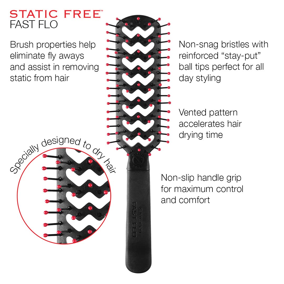 Cricket Static Free Fast Flo Vent Hair Brush - Quick Blow Drying, Easy Styling, and Tangle-Free Detangling for All Hair Types, Long, Short, Thick