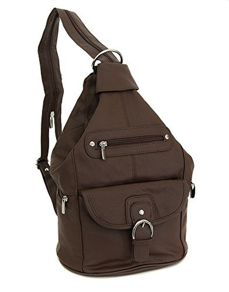 Womens Leather Convertible 7 Pocket Medium Size Tear Drop Sling Backpack Purse Shoulder Bag, Dark Brown