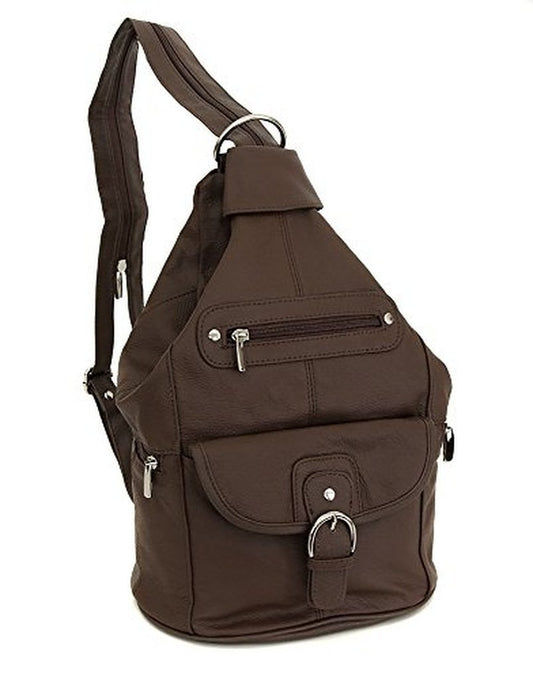 Womens Leather Convertible 7 Pocket Medium Size Tear Drop Sling Backpack Purse Shoulder Bag, Dark Brown