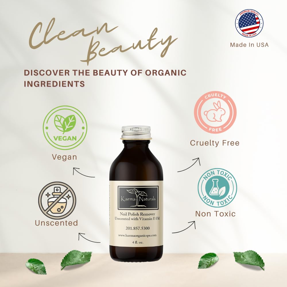 Karma Organic Nail Polish Remover Unscented- Non Toxic, Vegan, Cruelty Free, Acetone Free - Nails Strengthener for Fingernails - 4 fl. Oz