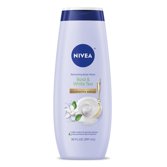 NIVEA Refreshing Basil and White Tea Body Wash with Nourishing Serum, Scented Body Wash for Women, Enriched with Provitamin B5 and Vitamin E, 20 Fl Oz