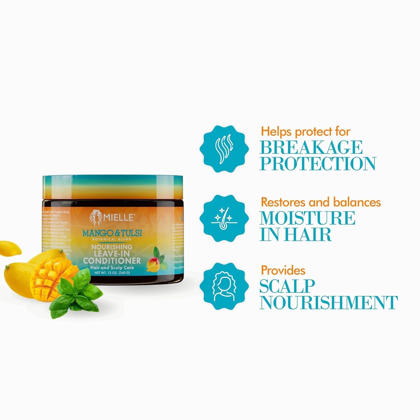 Mielle Organics Mango & Tulsi Nourishing Leave In Conditioner for Curly Hair - Moisturizing Leave In Conditioner with Breakage Protection & Scalp