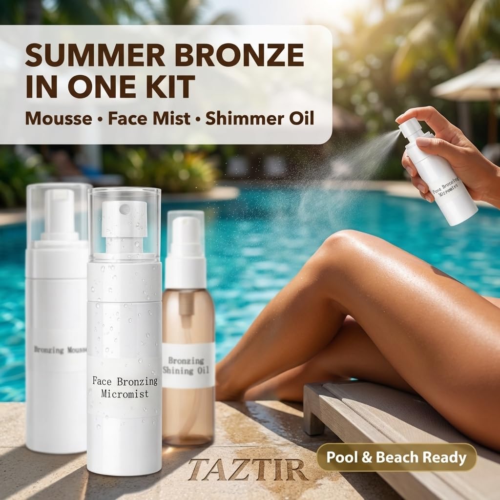 TAZTIR Antique Bronze Mousse Face Bronzer Micro-Mist Spray with Bronzer Shining Oil Set, Mousse/Spray/Oil Trio Set, Natural Bronzer, Moisturizing