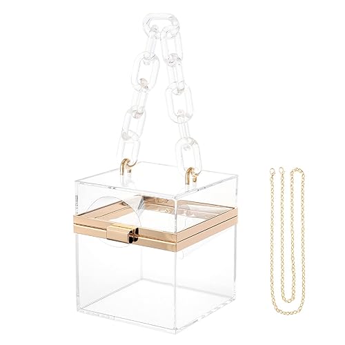 WJCD Cute Clear Acrylic Plastic Neon Hard Frame Party Clutch Purse with Gold Chain Strap (Transparent)
