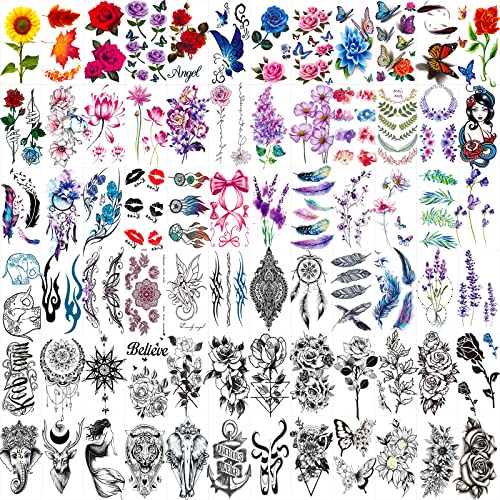 72 Sheets Temporary Tattoos for Women and Girls, Flower Tattoo Temporary, Butterfly Tattoos, Fake Black Tiny Temporary Tattoos Body Art Sticker Beauty and Personal Care Zomme Default Title