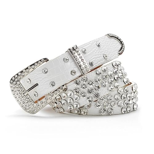 AVZXXKUF Rhinestone Studded Western Leather Belt Rhinestone Belt for Women Men Vintage Cowgirl Bling Design Waist Belts for Pants Jeans Dresses(White)