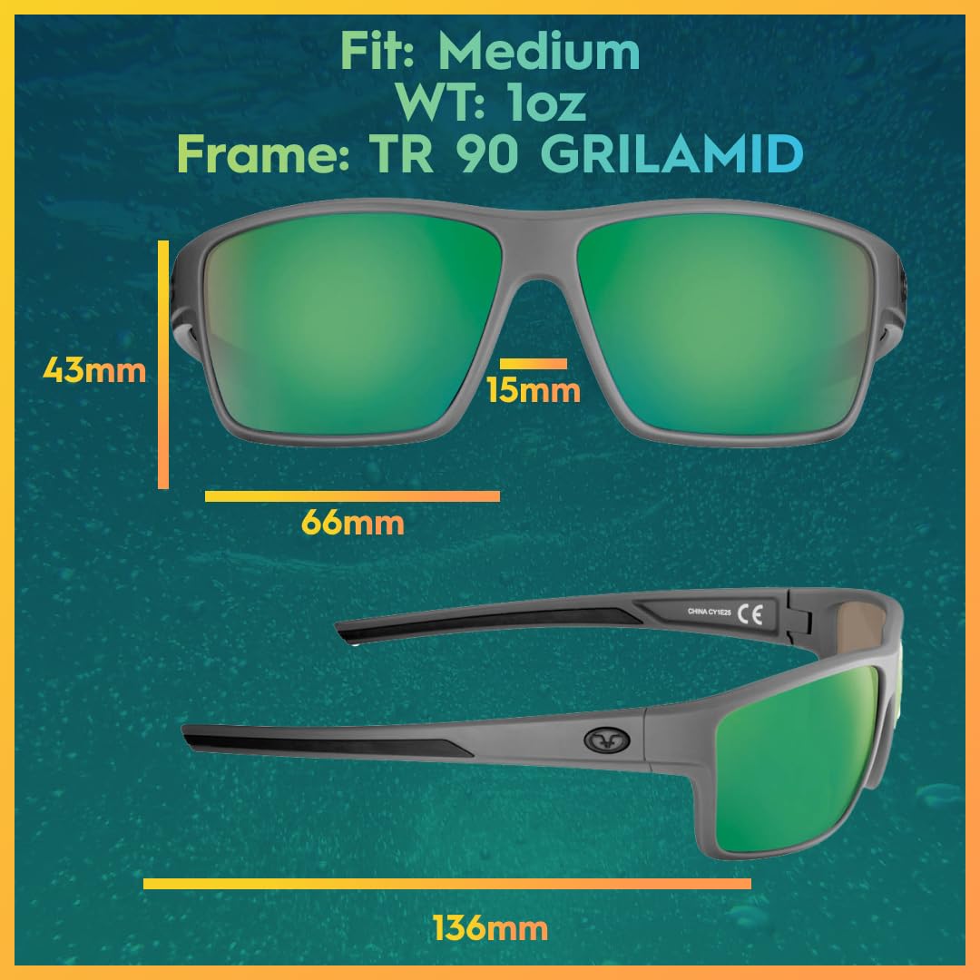 Flying Fisherman Mojarra Polarized Rectangular Sunglasses, Matte Gray Frame/Amber-Green Mirror Lens, Medium