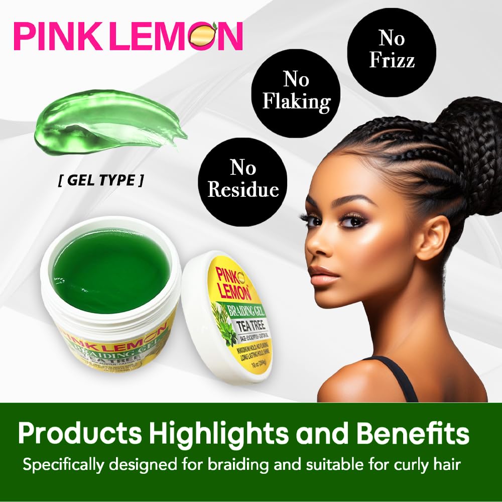 PINK LEMON Braiding Gel - Tea Tree - Maximum Hold, No Flaking, Long Lasting Hold, High Shine. For Micro, Inter, Dread, Faux, Loc, Twist, Braid, Edge