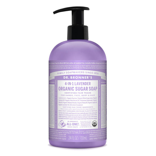 Dr. Bronner's - Organic Sugar Soap (Lavender, 24 Ounce) - Made with Organic Oils, Sugar and Shikakai Powder, 4-in-1 Uses: Hands, Body, Face and Hair