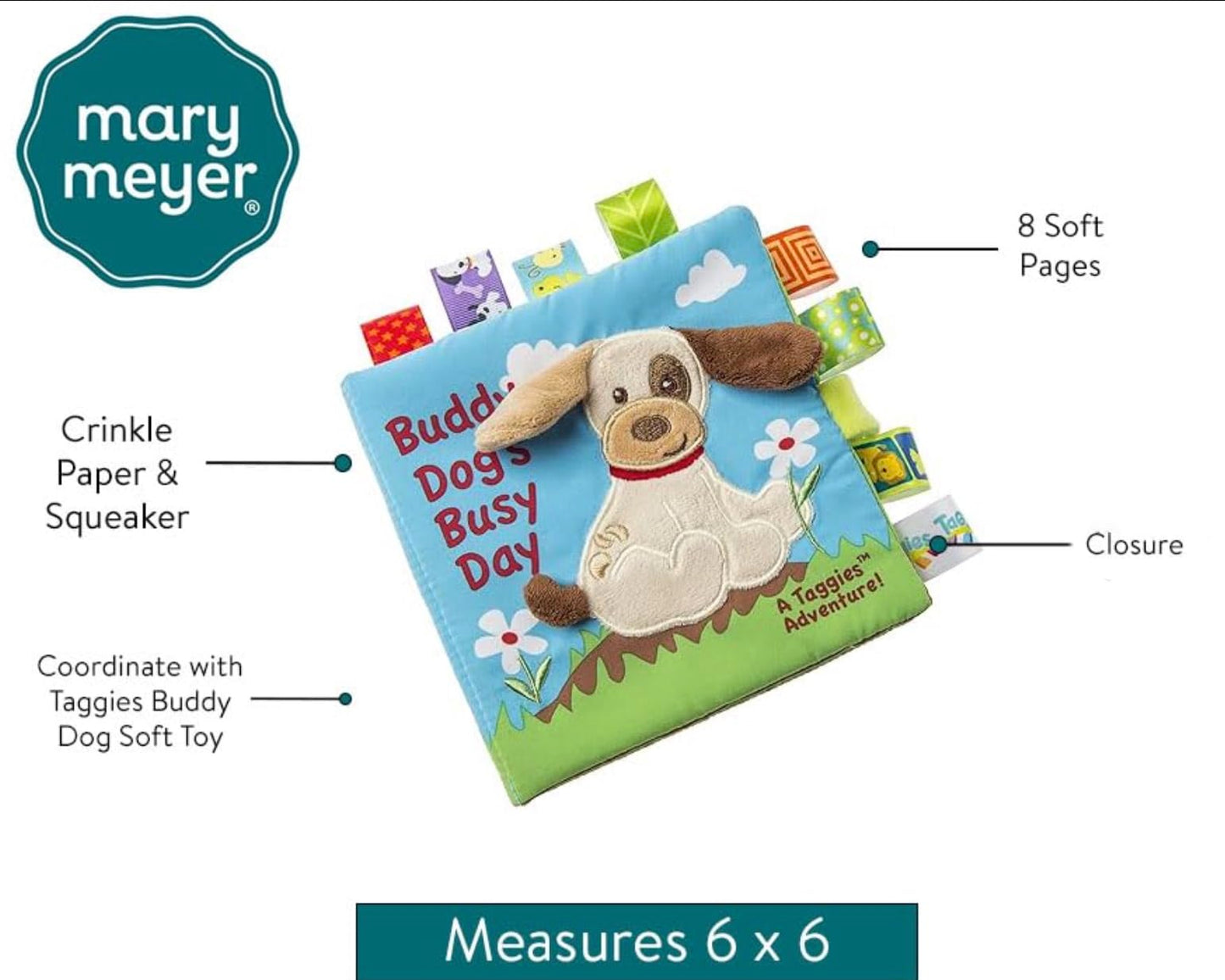 Taggies Touch & Feel Soft Cloth Book with Crinkle Paper and Squeaker, Buddy Dog