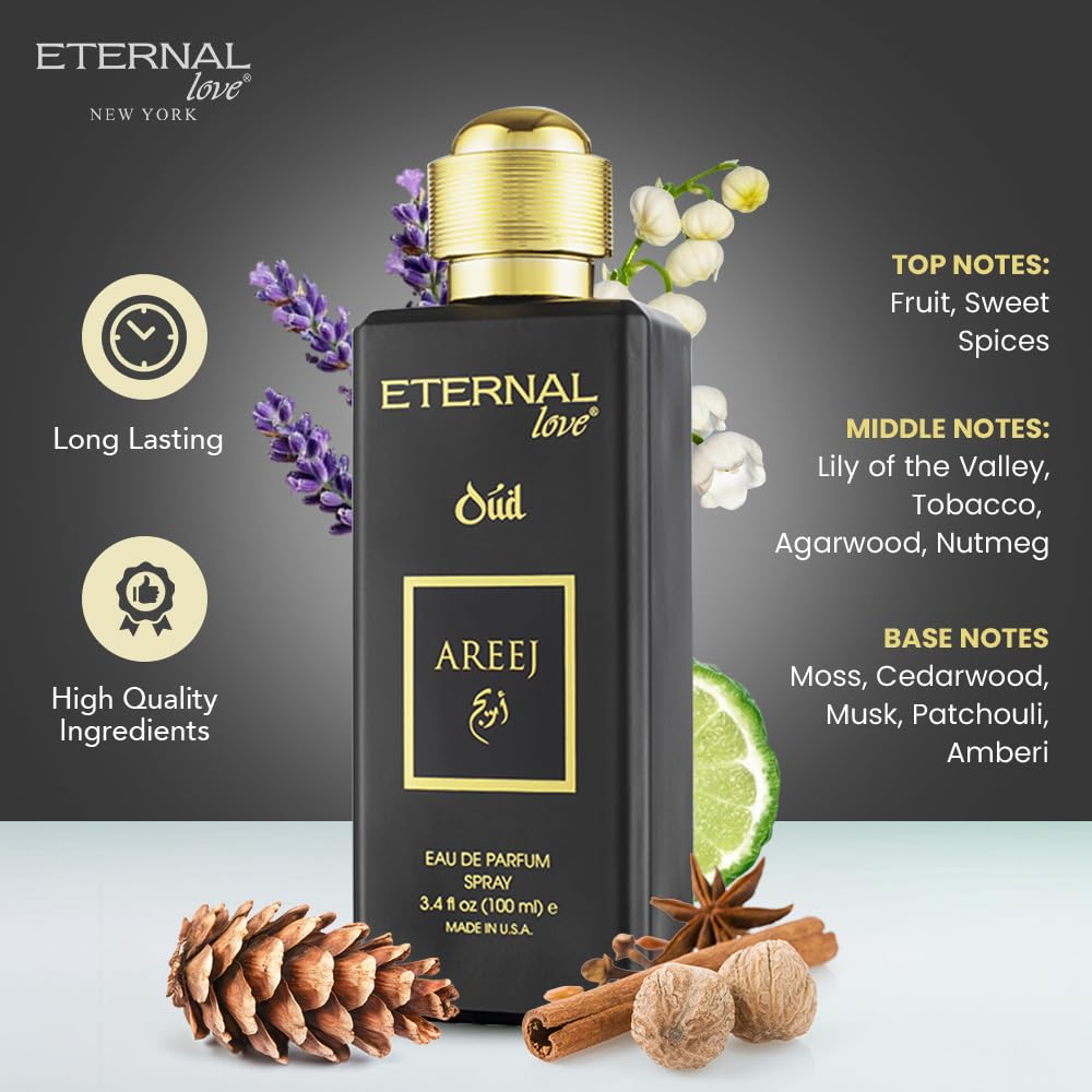 Eternal Love Areej Oud - Long Lasting Unisex Eau de Parfum - Warm Spicy Oriental Fragrance with Oud & Tobacco - Dubai Inspired Arabic Scent - 3.4oz