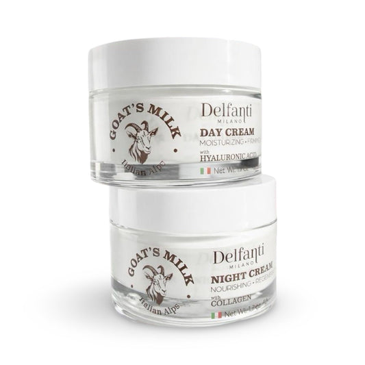 Delfanti-Milano • FULL SIZE DUO PACK • GOAT'S MILK with HYALURONIC ACID Day Cream and GOAT'S MILK with COLLAGEN Night Cream • Face and Neck