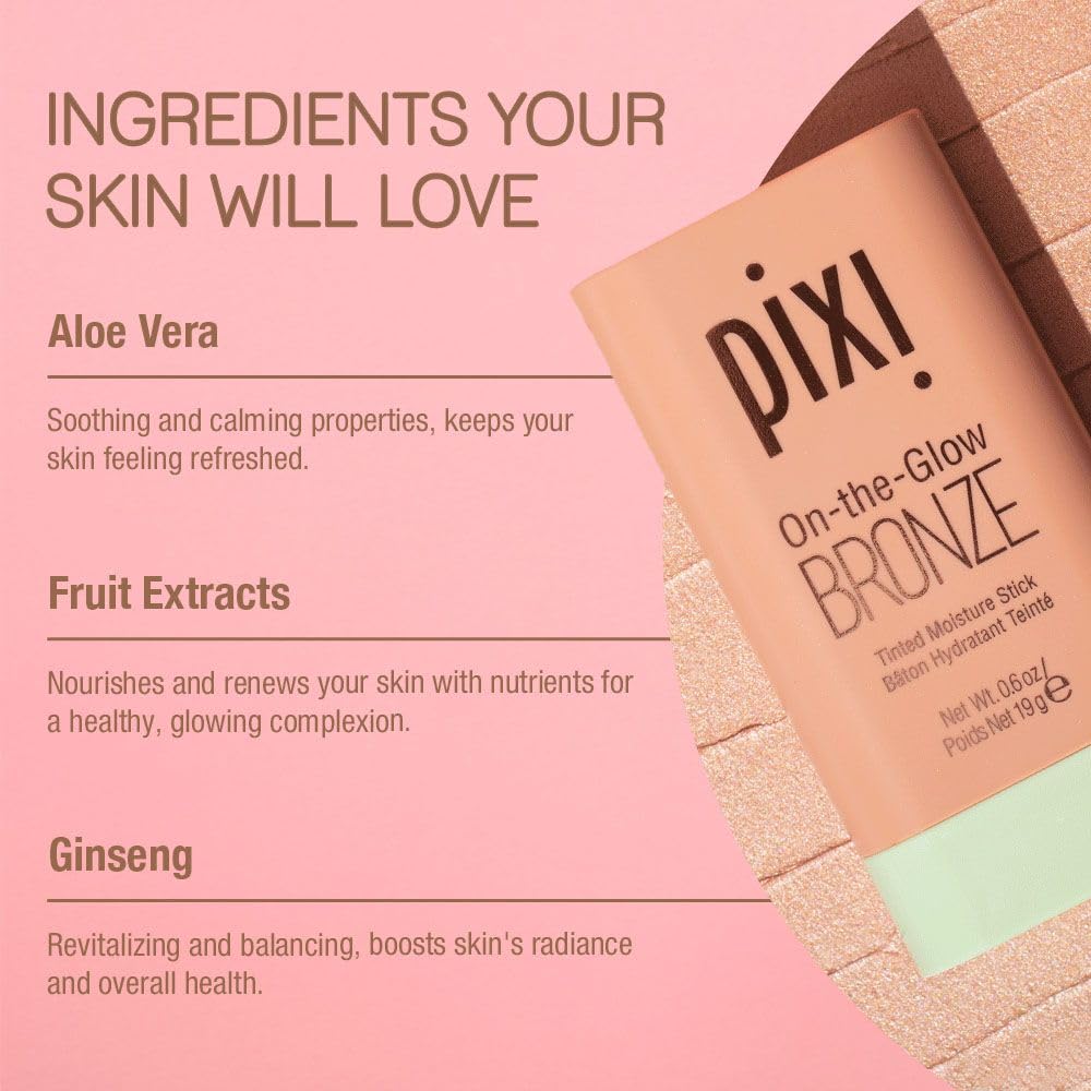 Pixi On-the-Glow Bronze - SoftGlow, Hydrating Tinted Moisture Bronzer Stick with Ginseng, Aloe Vera & Fruit Extracts, For Cheeks & Lips, 19g / 0.6oz
