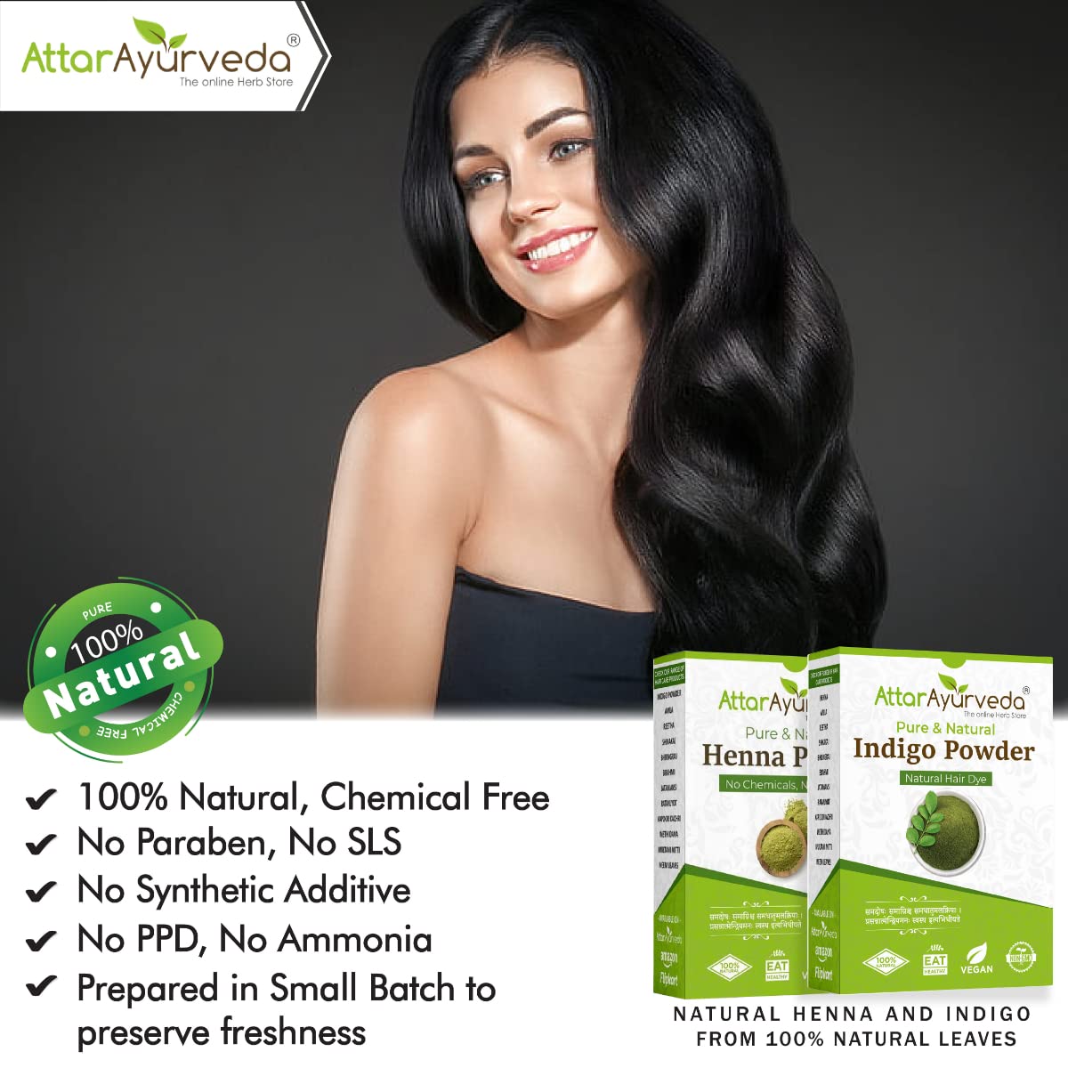Attar Ayurveda Natural Hair Dye Combo - Black Henna and Indigo Powders (400 Grams Total) - 14 Ounce Pack