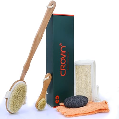 CROVIN Dry Brushing Body Brush with Natural Boar Bristle Dry Brush for Exfoliating Loofah Body Scrubber - Face Brush -Bath and Shower Gloves - Pumice