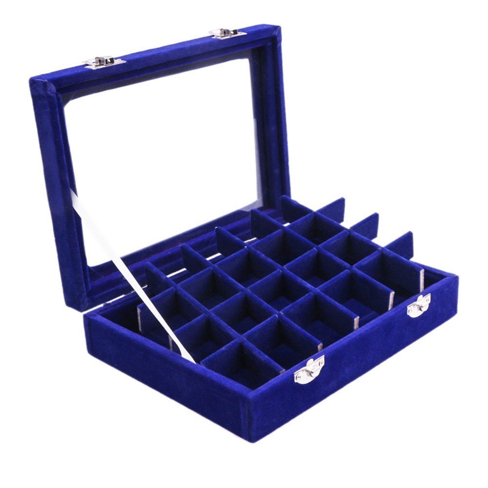Novadeal 24 Grids PU Velour Leather Multipurpose Jewellery Storage Box Ring/Earrings/Necklace Tray Display Case Organizer - Dark Blue