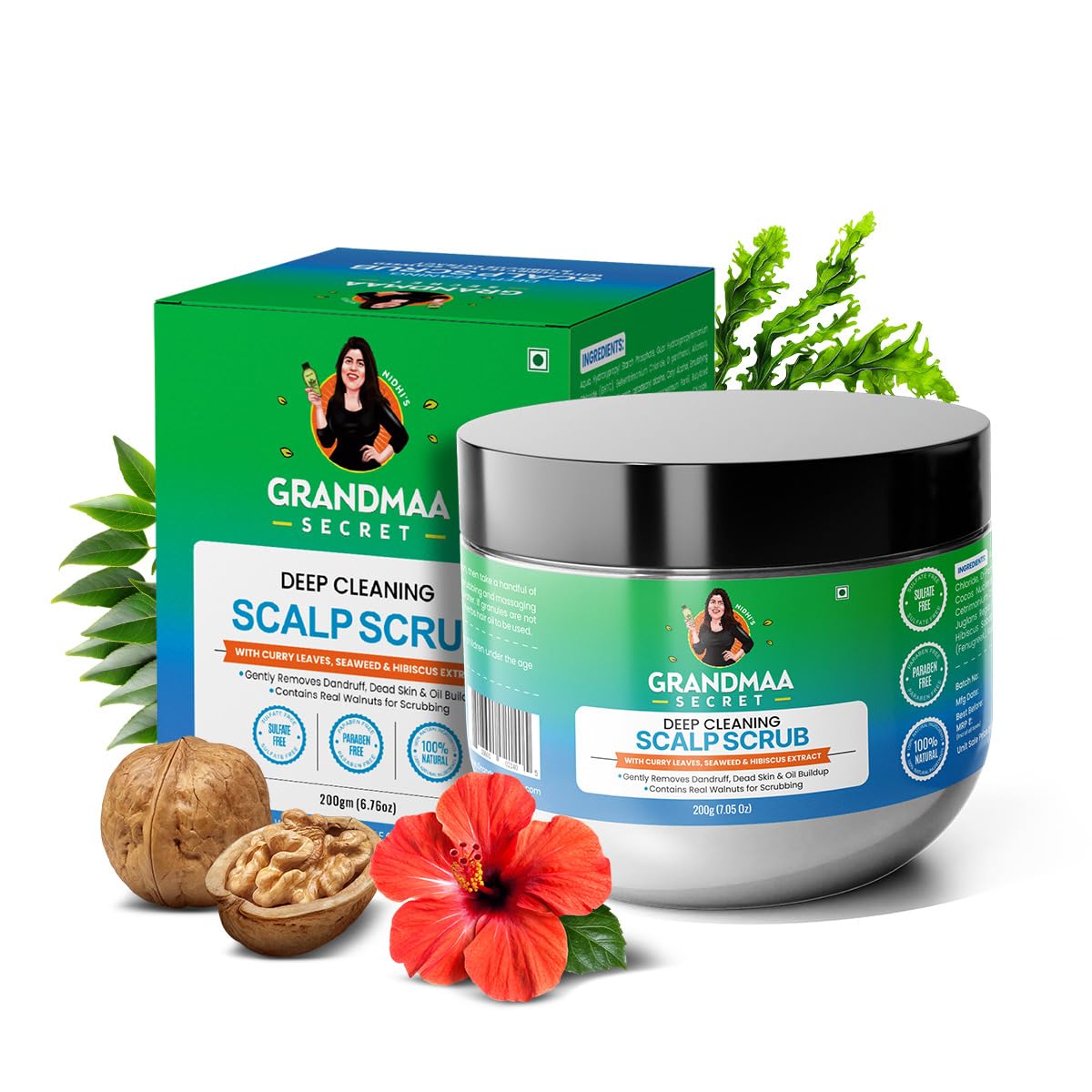 NIDHI’S GRANDMAA SECRET Scalp Scrub - Natural Curry Leaves & Seaweed Scalp Scrub for Dandruff, Buildup, Dead Skin - Cleansing and Exfoliating Dry