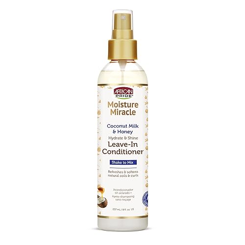 African Pride Moisture Miracle Leave-In Conditioner Spray with Coconut Milk & Honey, Hydrates & Shines Coils & Curls, 8 Oz