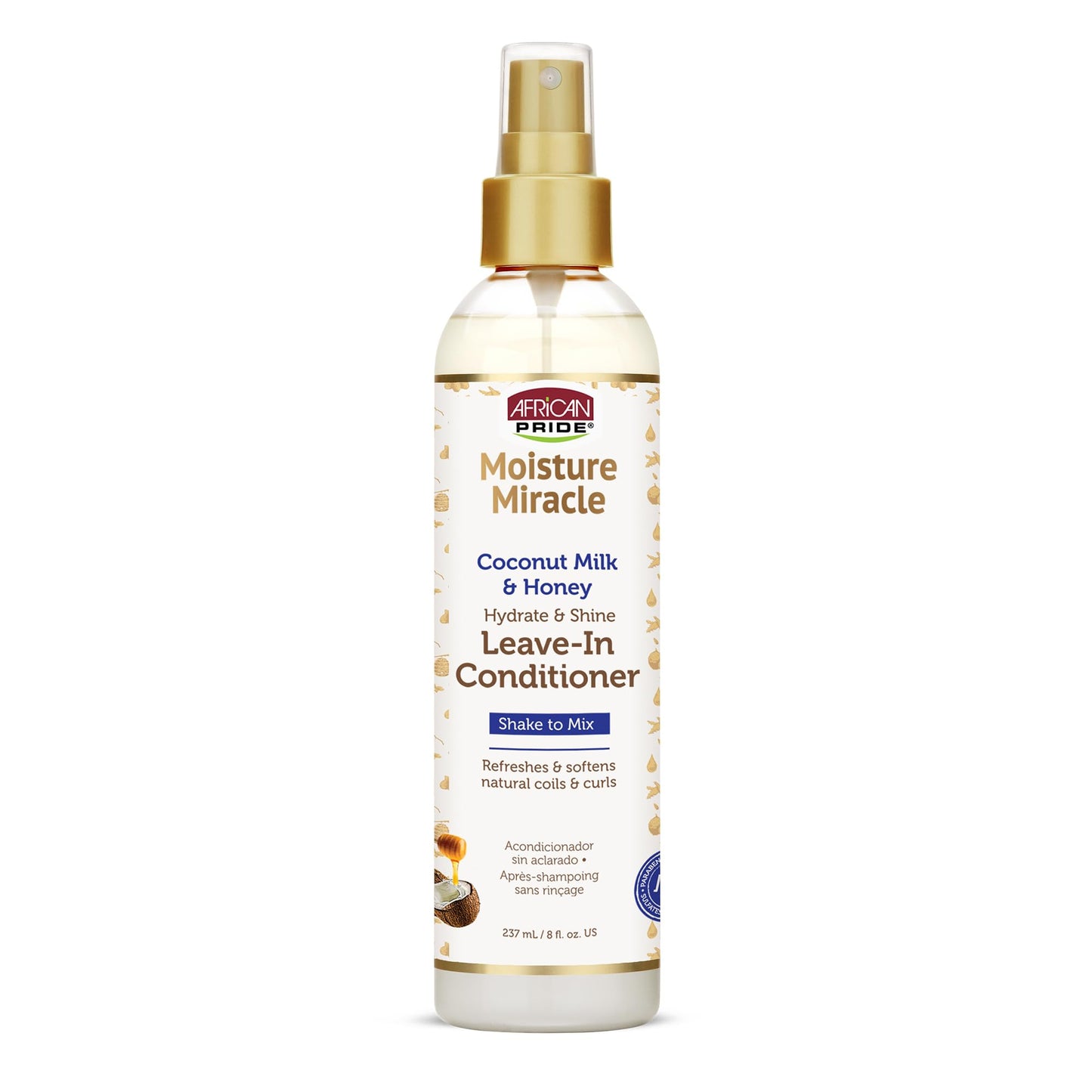 African Pride Moisture Miracle Leave-In Conditioner Spray with Coconut Milk & Honey, Hydrates & Shines Coils & Curls, 8 Oz