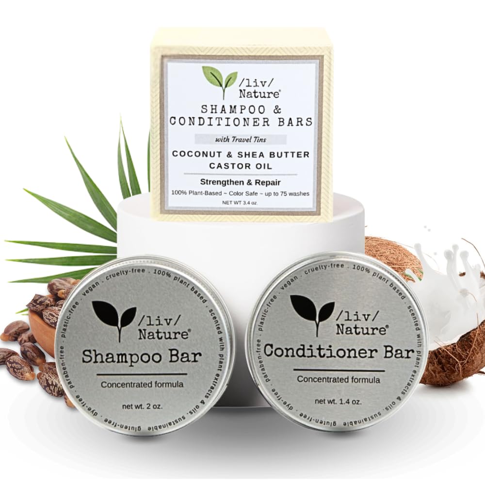 /liv/ Nature Shampoo Bar and Conditioner Set with Travel Case | Strengthen and Repair Dry Hair | Coconut, Castor Oil, Shea Butter | Made in USA | 2-pk