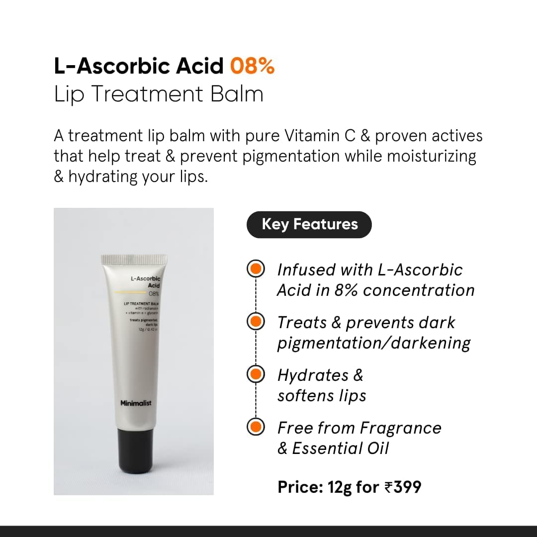 Minimalist 8% L-Ascorbic Acid Lip Treatment Balm with Vitamin E, Radianskin & Glycerine for Pigmented & Dark Lips - 12 gm Beauty and Personal Care TYU