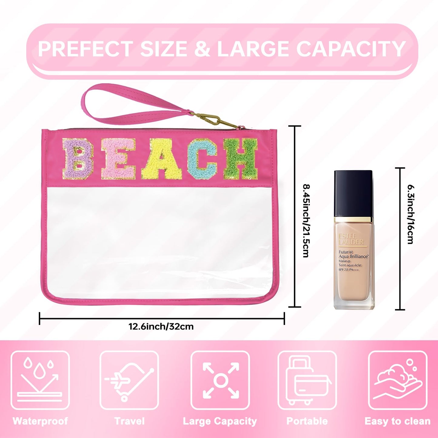 Siwara Beach Bags Sunscreen Bag Summer Essentials Clear Pouch Travel Makeup Bag Beach Essentials Chenille Letter Bags for Zipper Pouch Clear Cosmetic Beauty and Personal Care Siwara