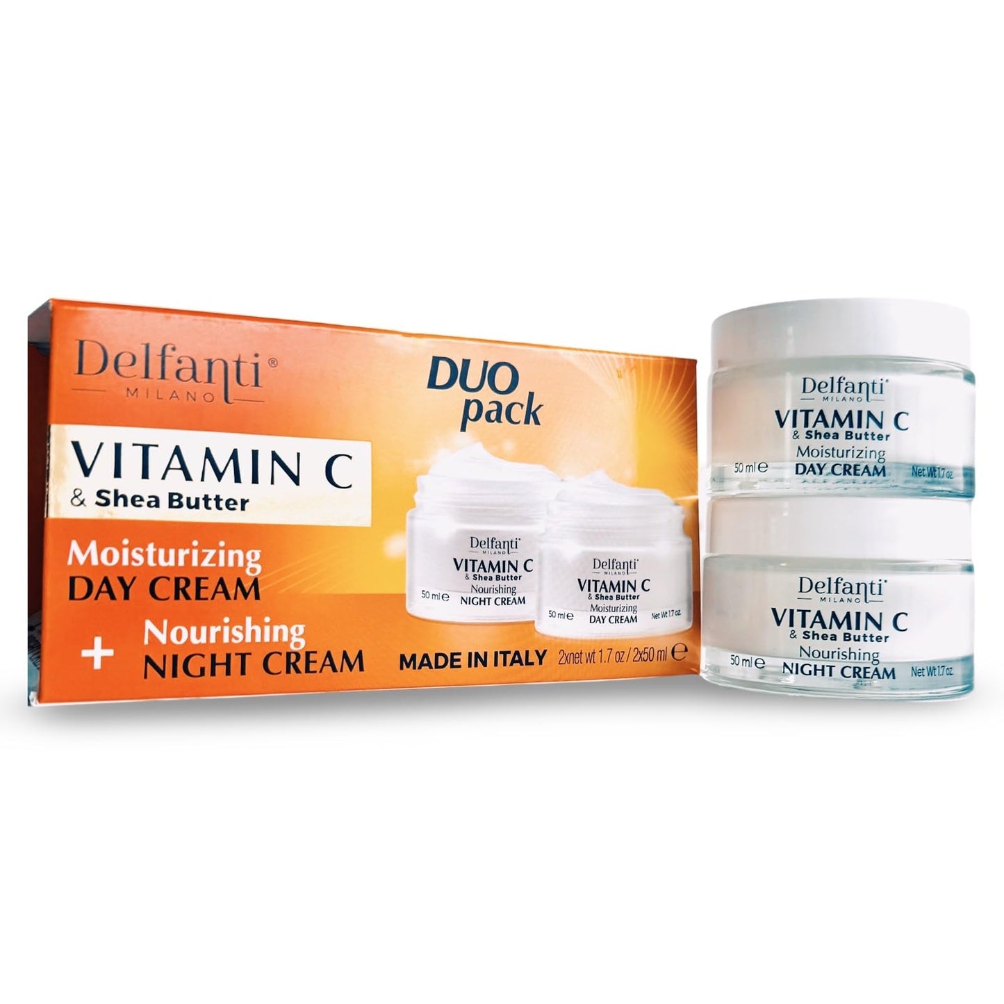 Delfanti-Milano • VITAMIN C & SHEA BUTTER• DUO pack • Day + Night Creams • Face, Neck Décolleté Moisturizing and Nourishing Cream for renewed
